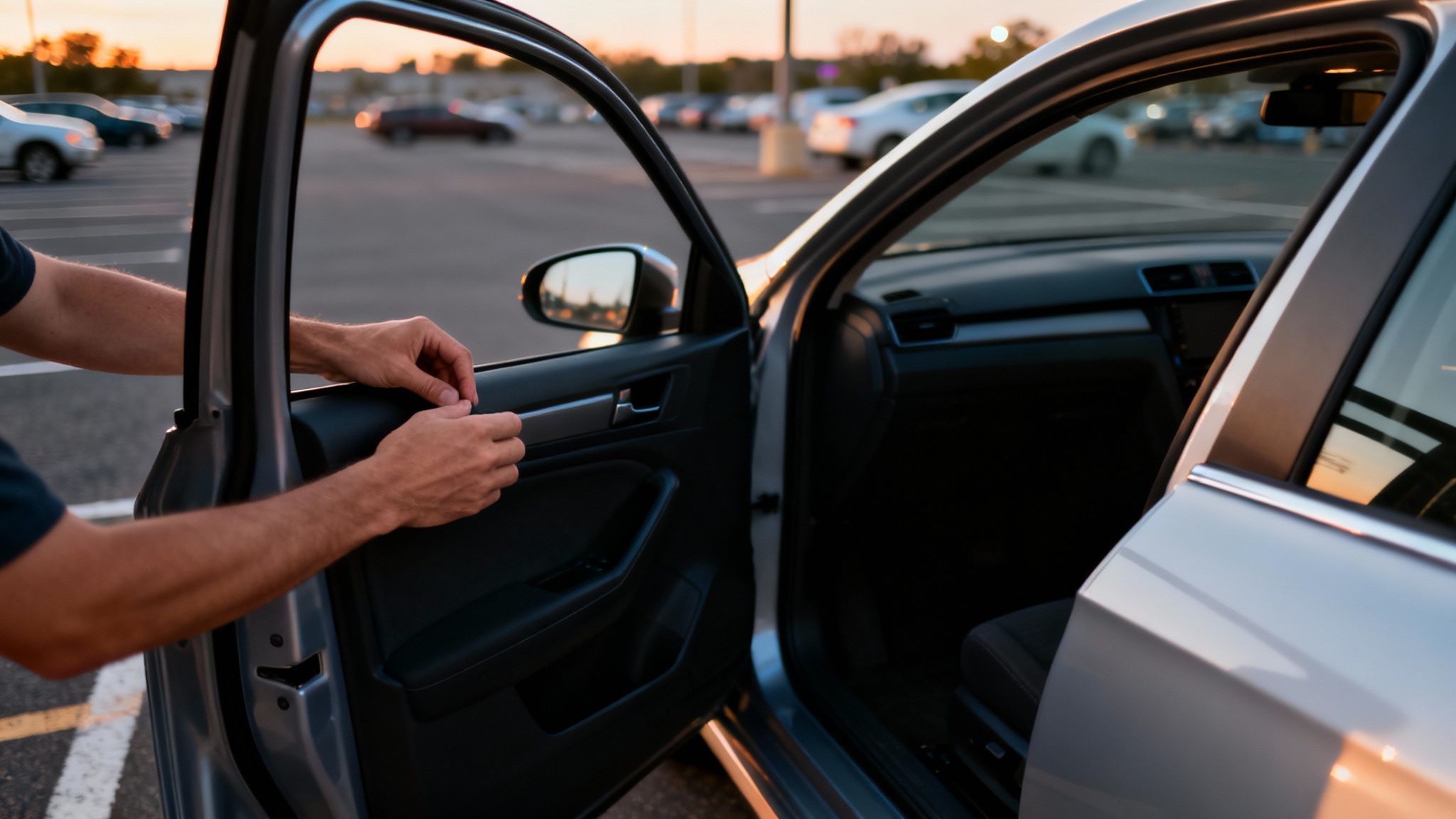 Close-up of a person's hands reaching for the door handle of an open car in a parking lot at sunset.