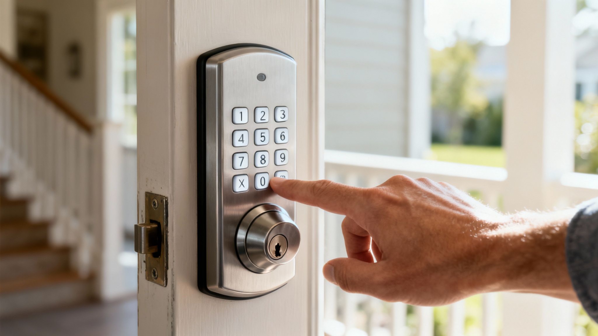 A person's finger presses a button on a silver digital keypad door lock.