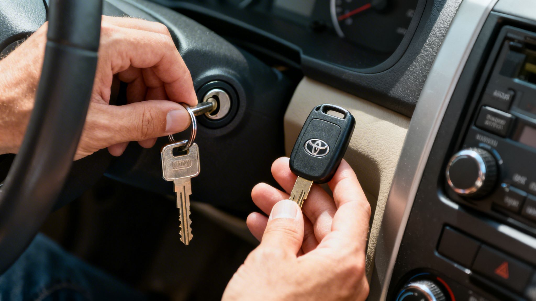 Close-up of hands inserting a car key into the ignition while holding a Toyota remote key.