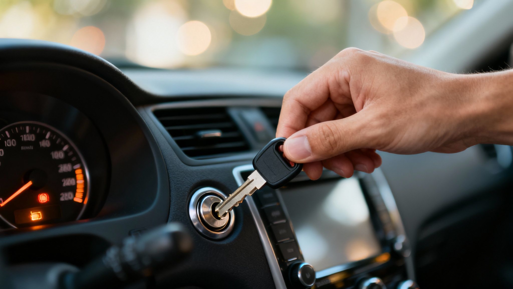 A person's hand inserts a car key into the ignition of a vehicle, with dashboard lights on.