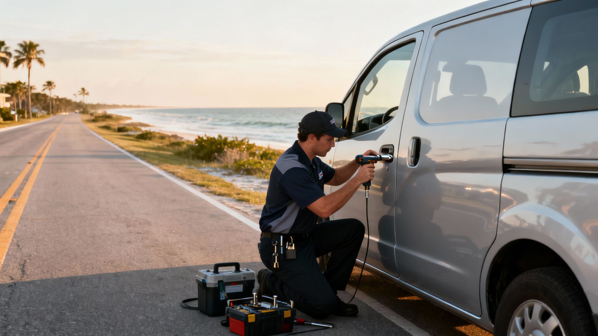 A uniformed technician uses a tool to work on a silver van's door handle by the beach.