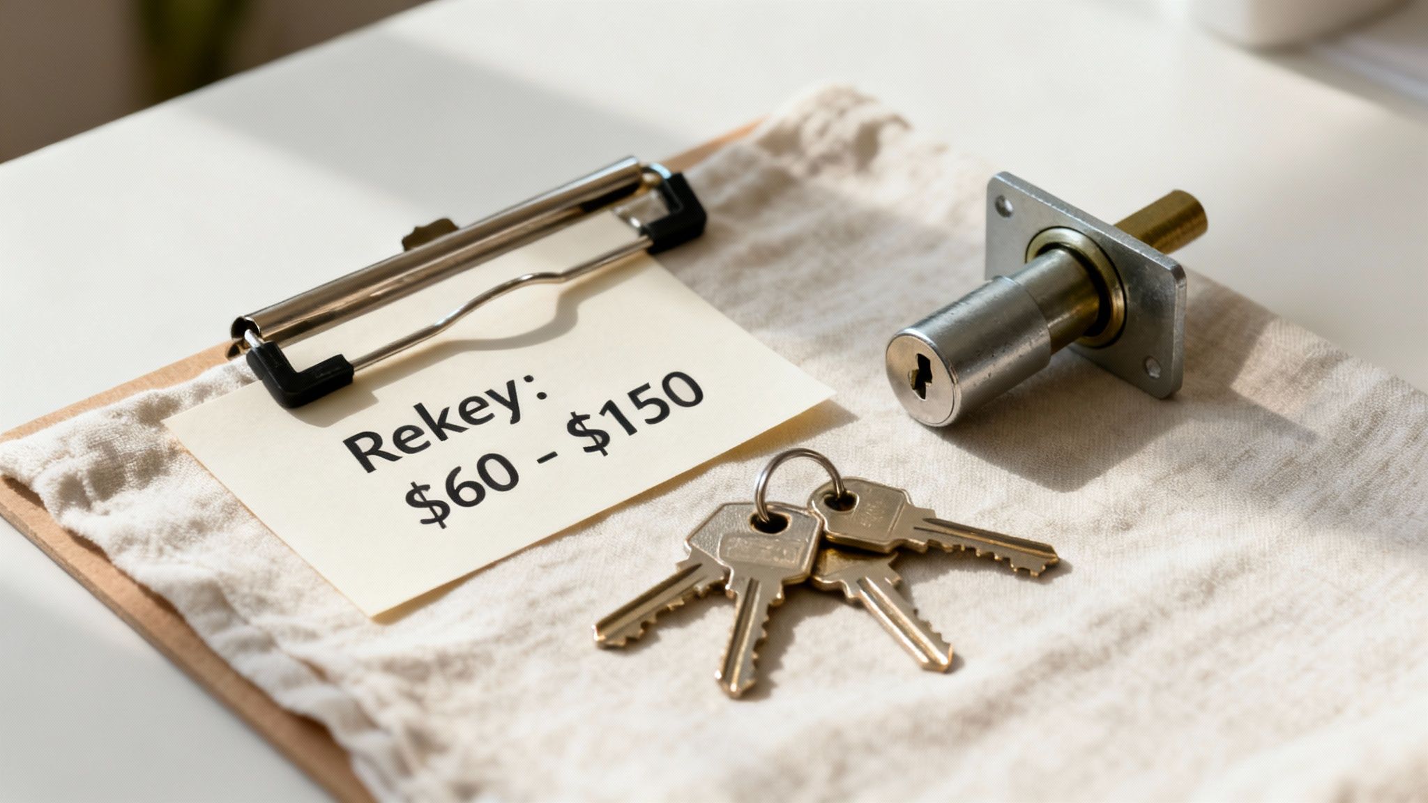 A note on a clipboard shows 'Rekey: $60 - $150' next to a lock cylinder and keys.