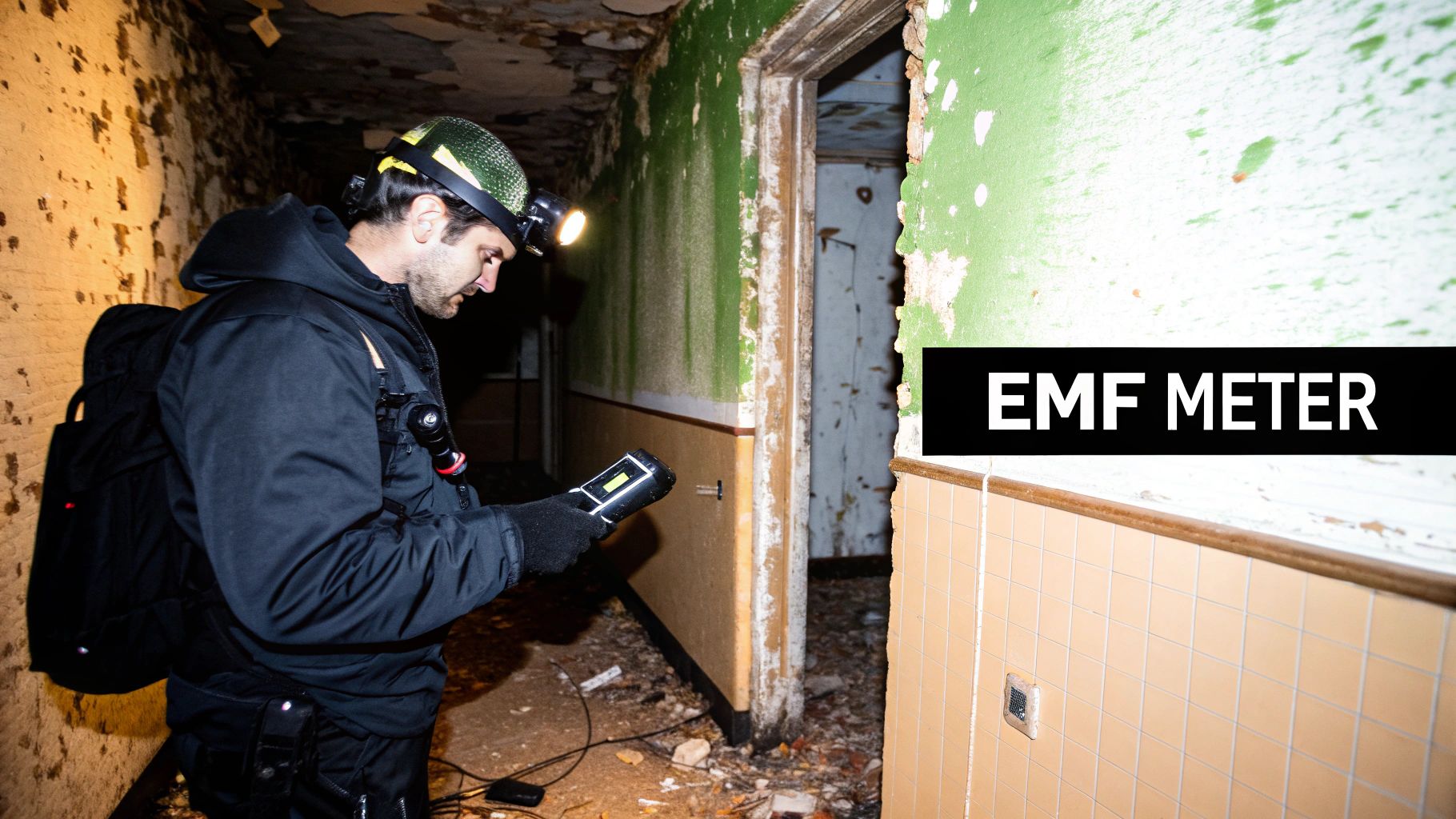 man using an EMF metre in a paranormal investigation