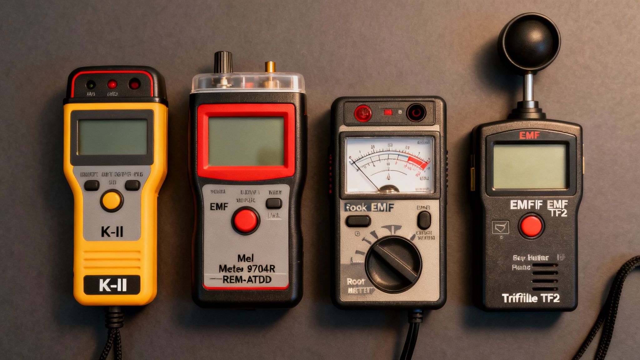 Several different models of EMF meters displayed side-by-side on a dark, textured surface.