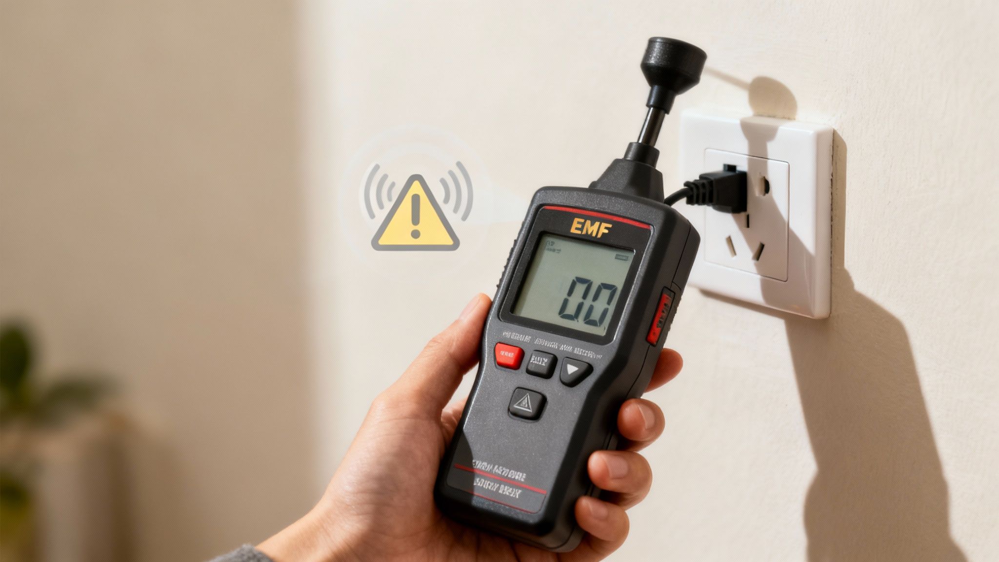 A ghost hunter carefully checking EMF readings in a dark, atmospheric location.