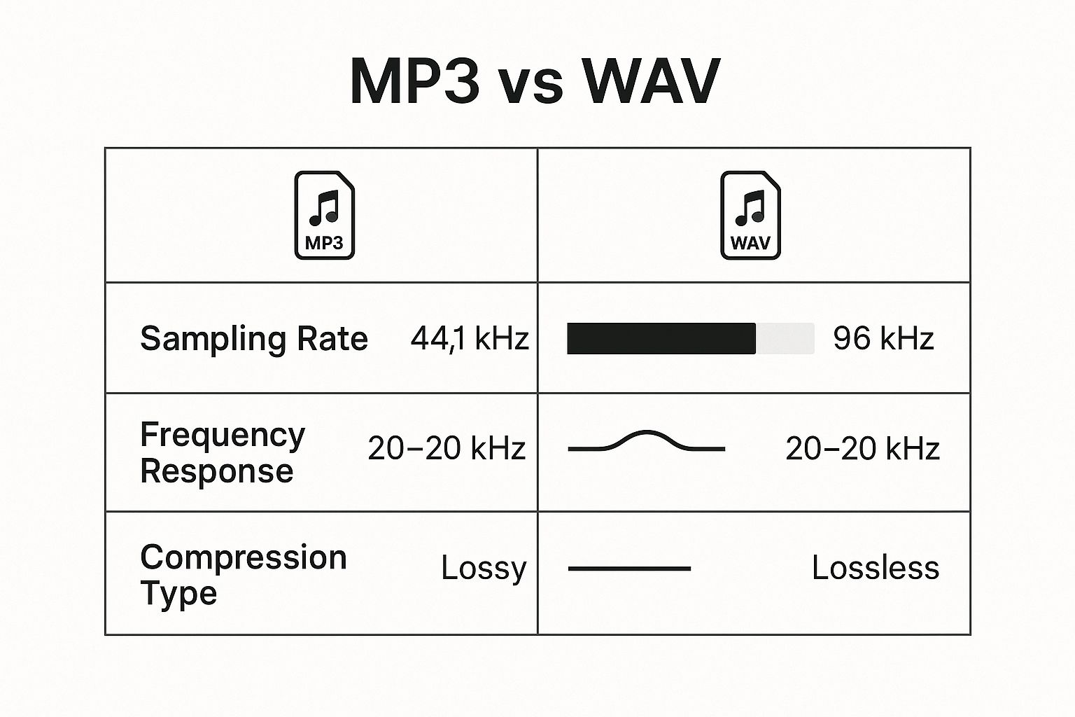 An infographic comparing the technical specifications of MP3 and WAV audio formats, highlighting differences in sampling rate and compression type.