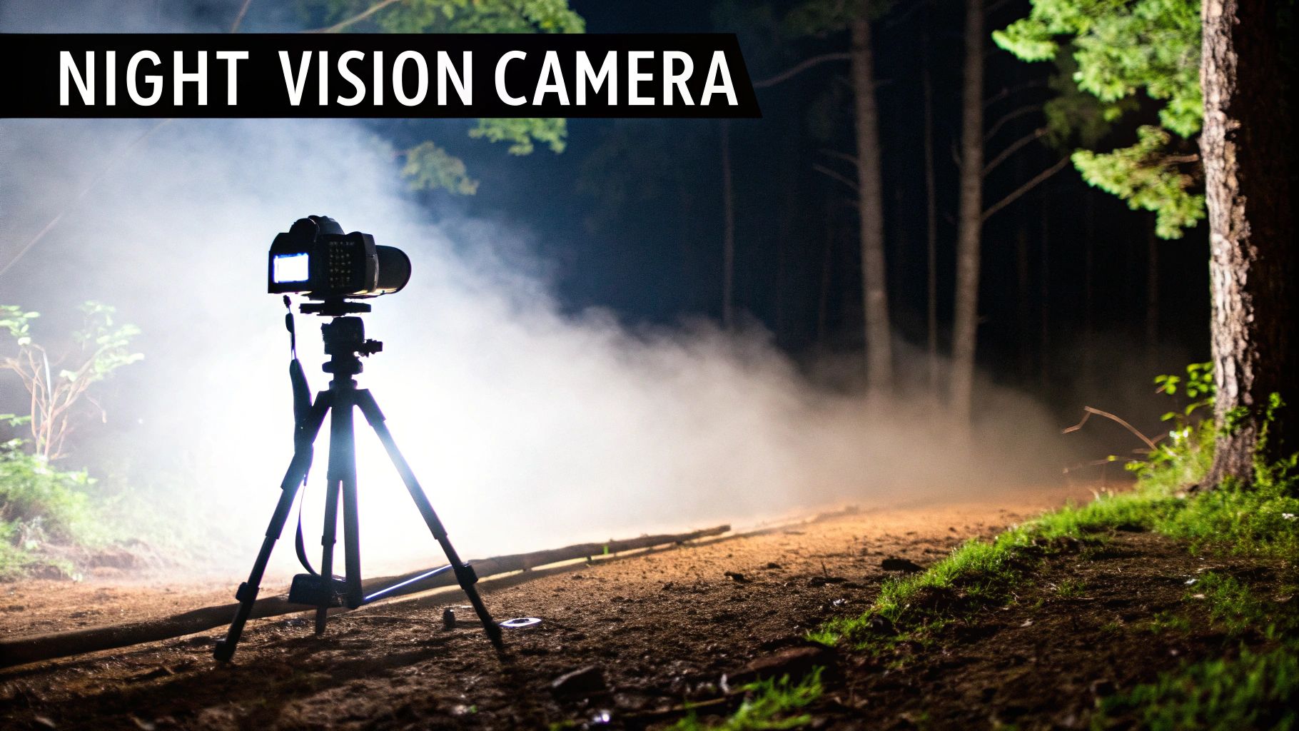 Night Vision Camera in a dark forest, capturing videos