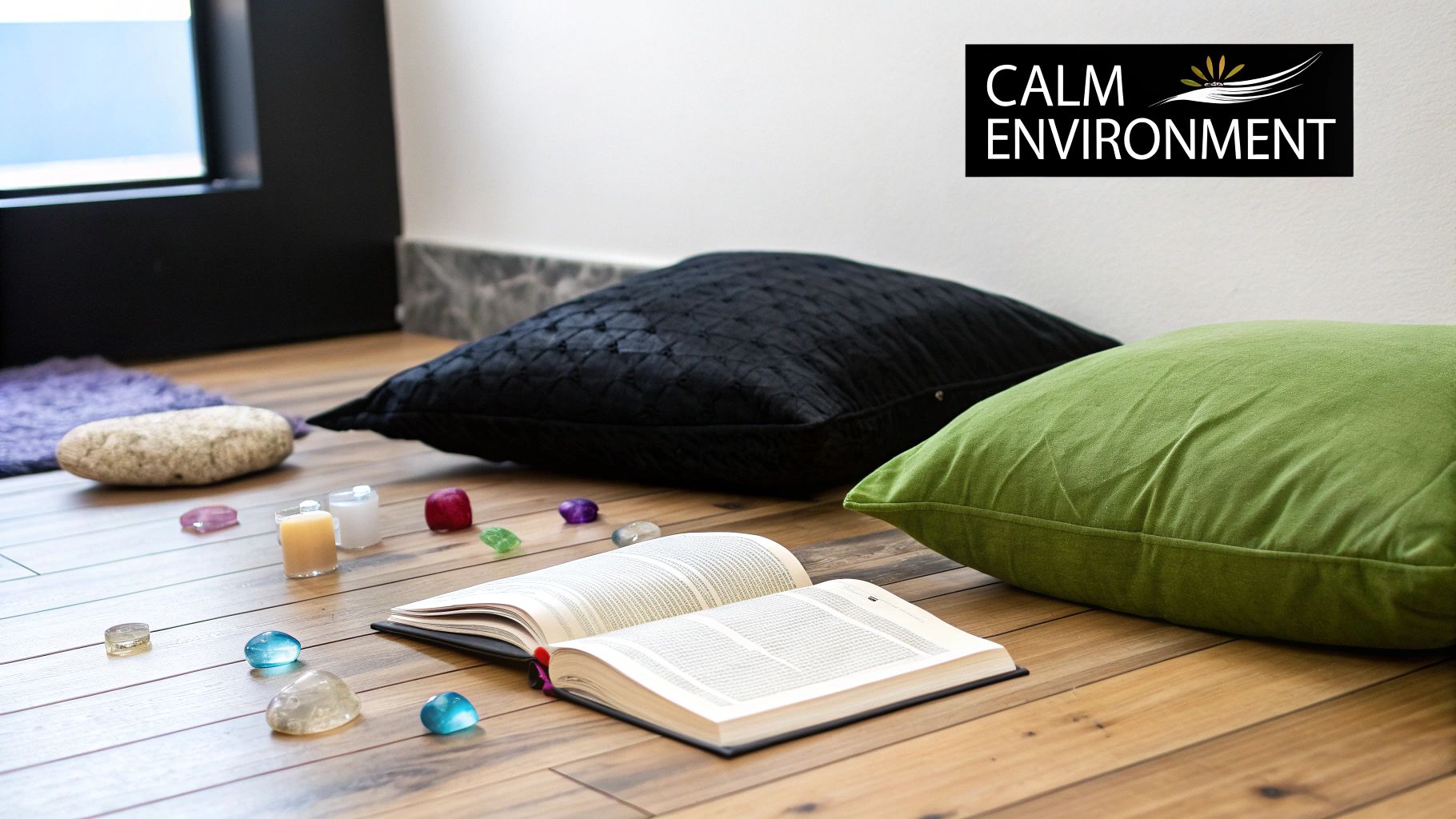 Image of pillows and crystals, calm environment
