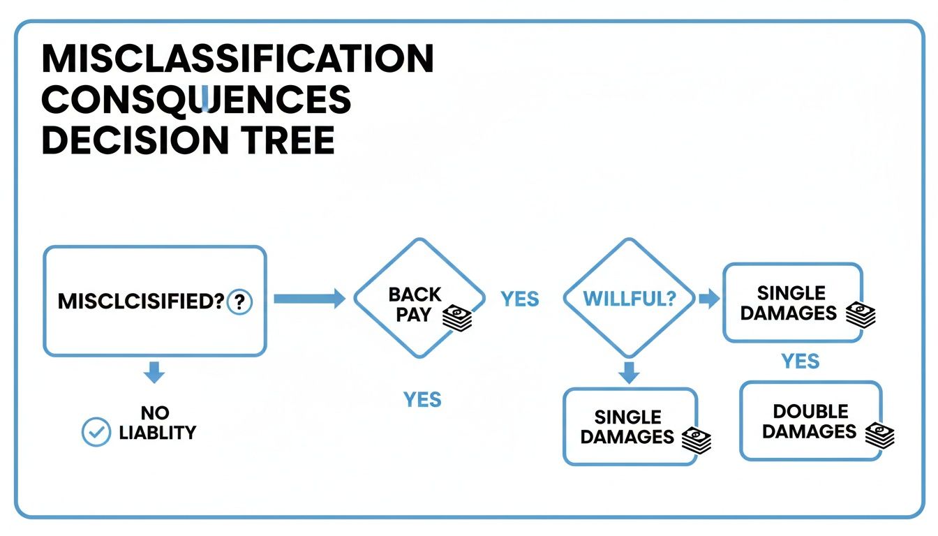 Flowchart illustrating the consequences of employee misclassification, detailing back pay, willfulness, and single or double damages.