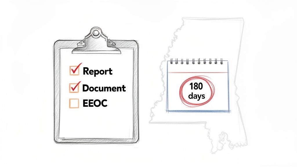 A checklist on a clipboard with 'Report' and 'Document' checked, next to a calendar marking '180 days' and a map outline.