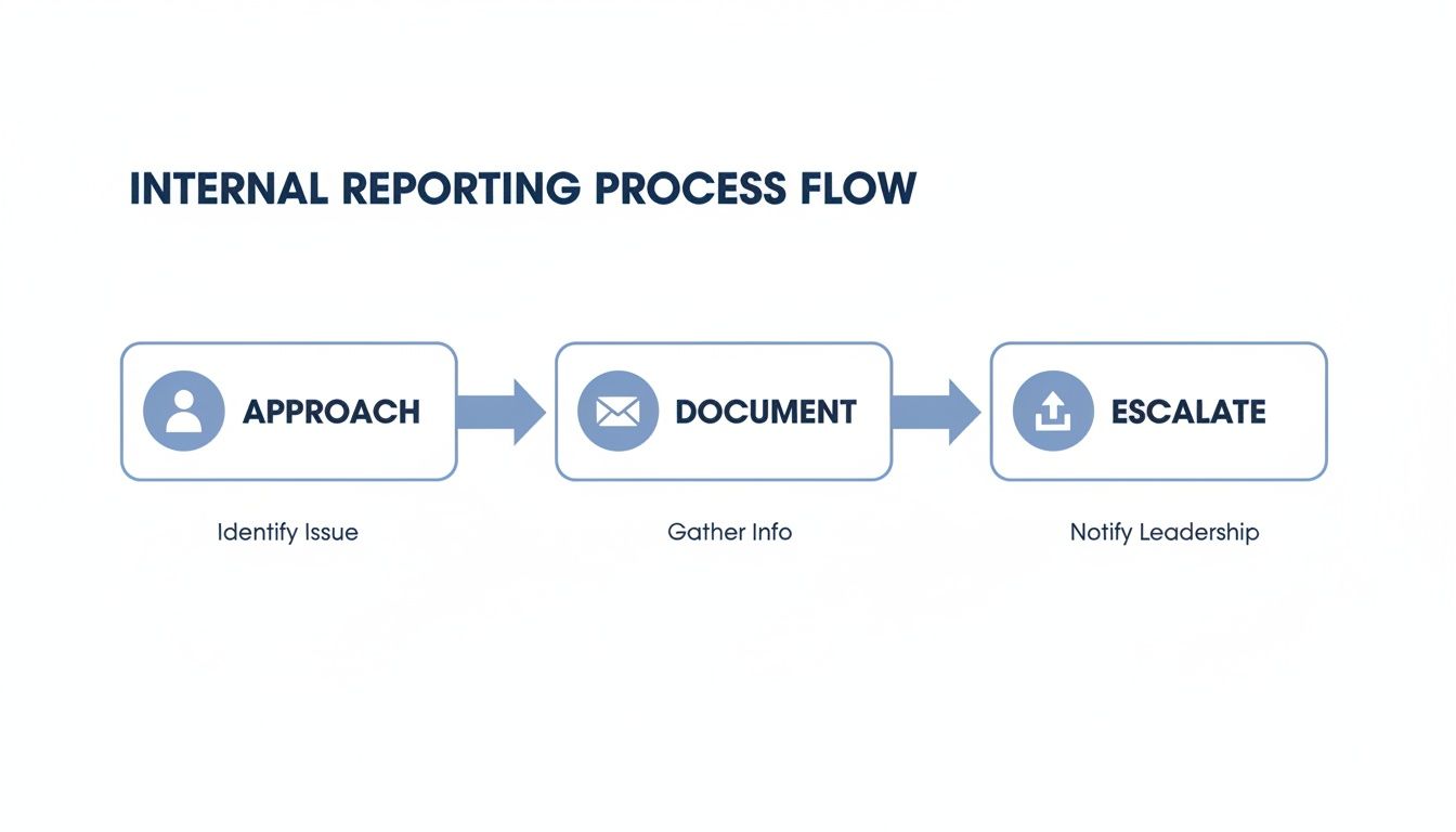 Flowchart illustrating an internal reporting process with three steps: Approach, Document, and Escalate.