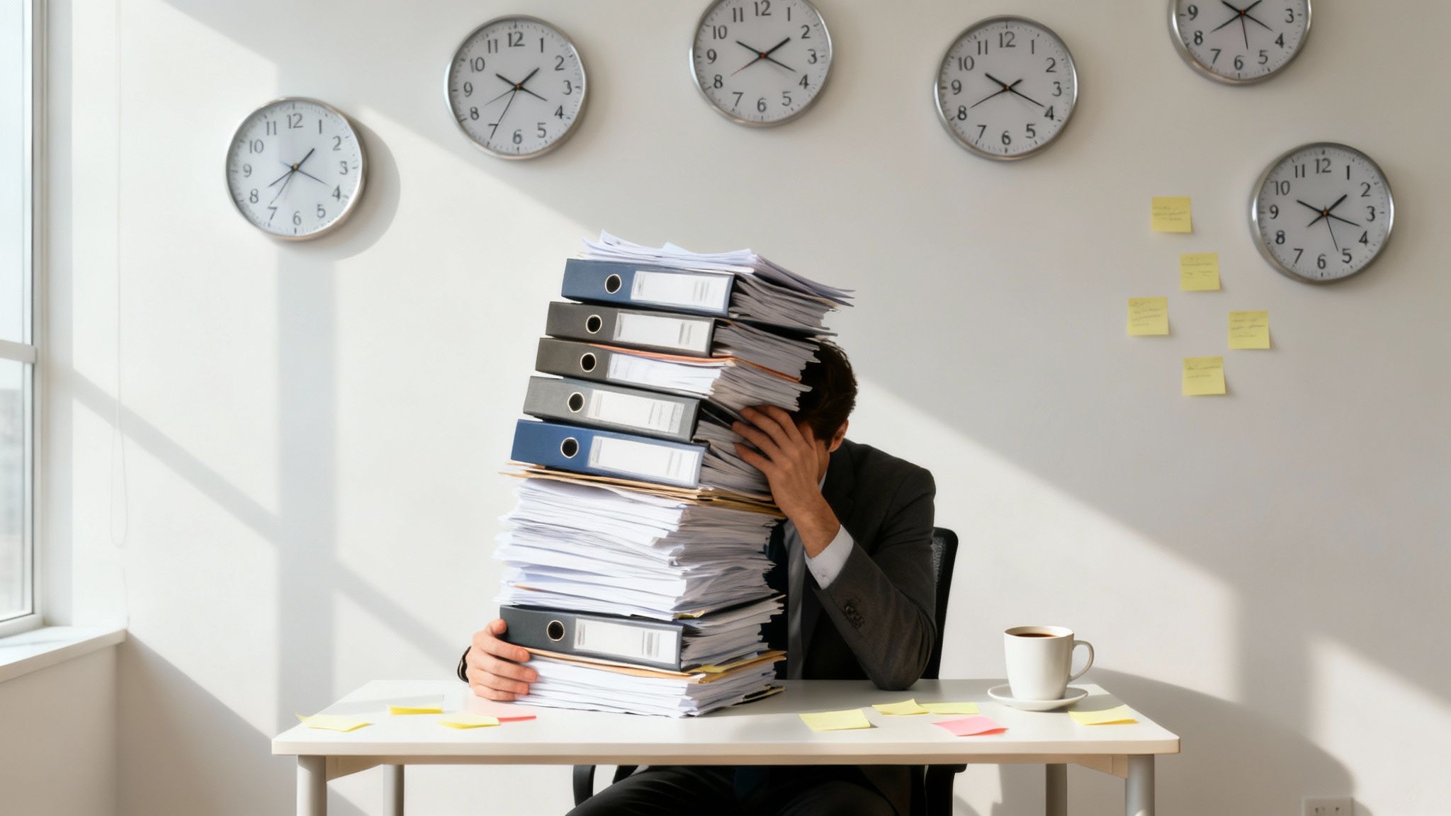 Stressed employee overwhelmed by a huge stack of paperwork and binders at an office desk.