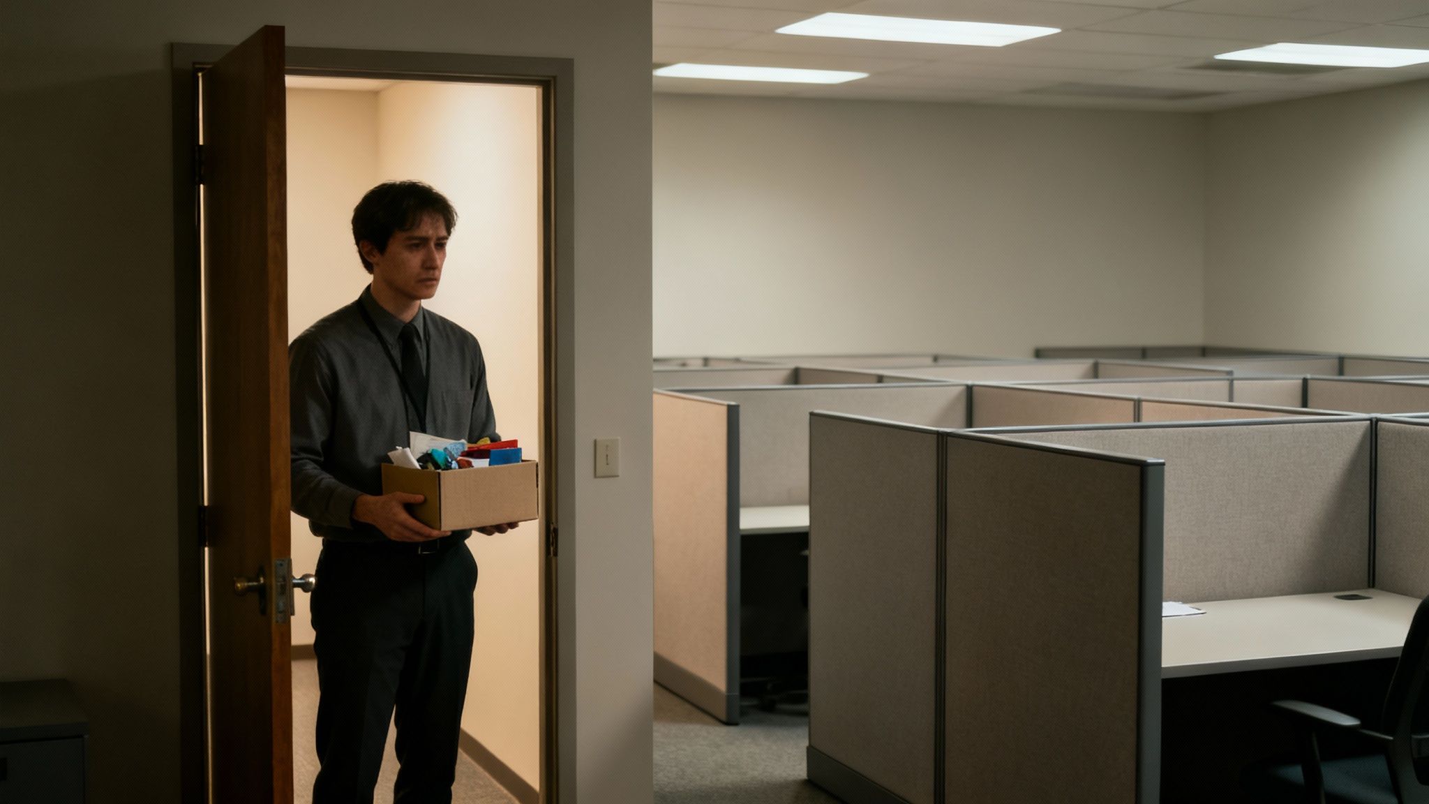 A sad man holding a box of personal items stands in an office doorway, with empty cubicles in the background.