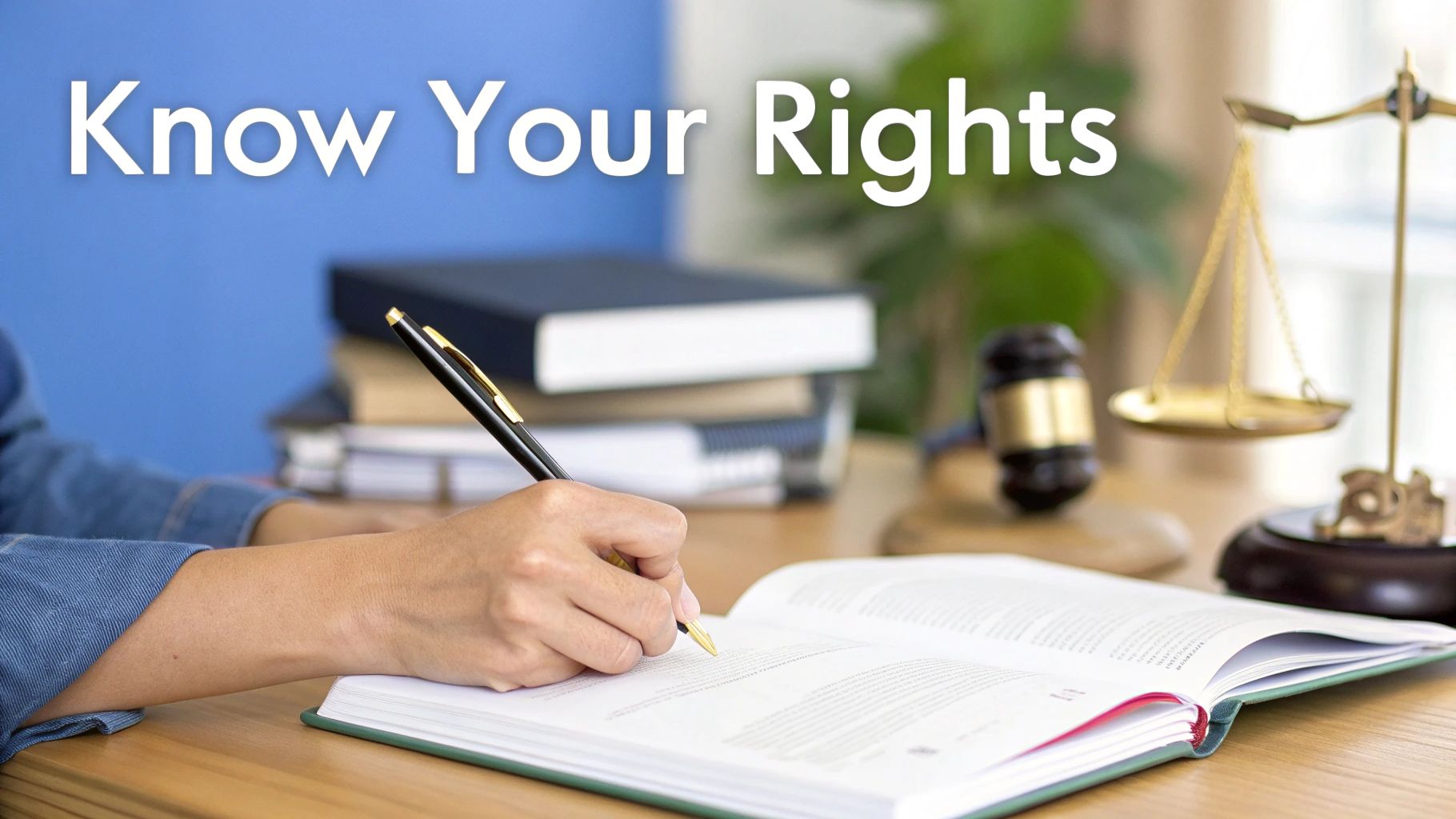 A person writes in a book with a pen, with scales of justice and a gavel in the background. Text reads: Know Your Rights.
