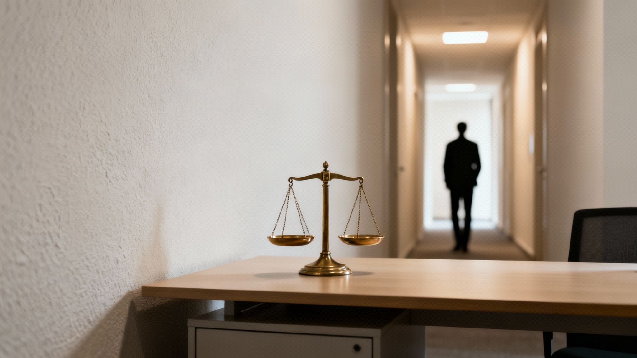A golden scale of justice sits on a wooden desk, with a blurred person walking in a hallway.