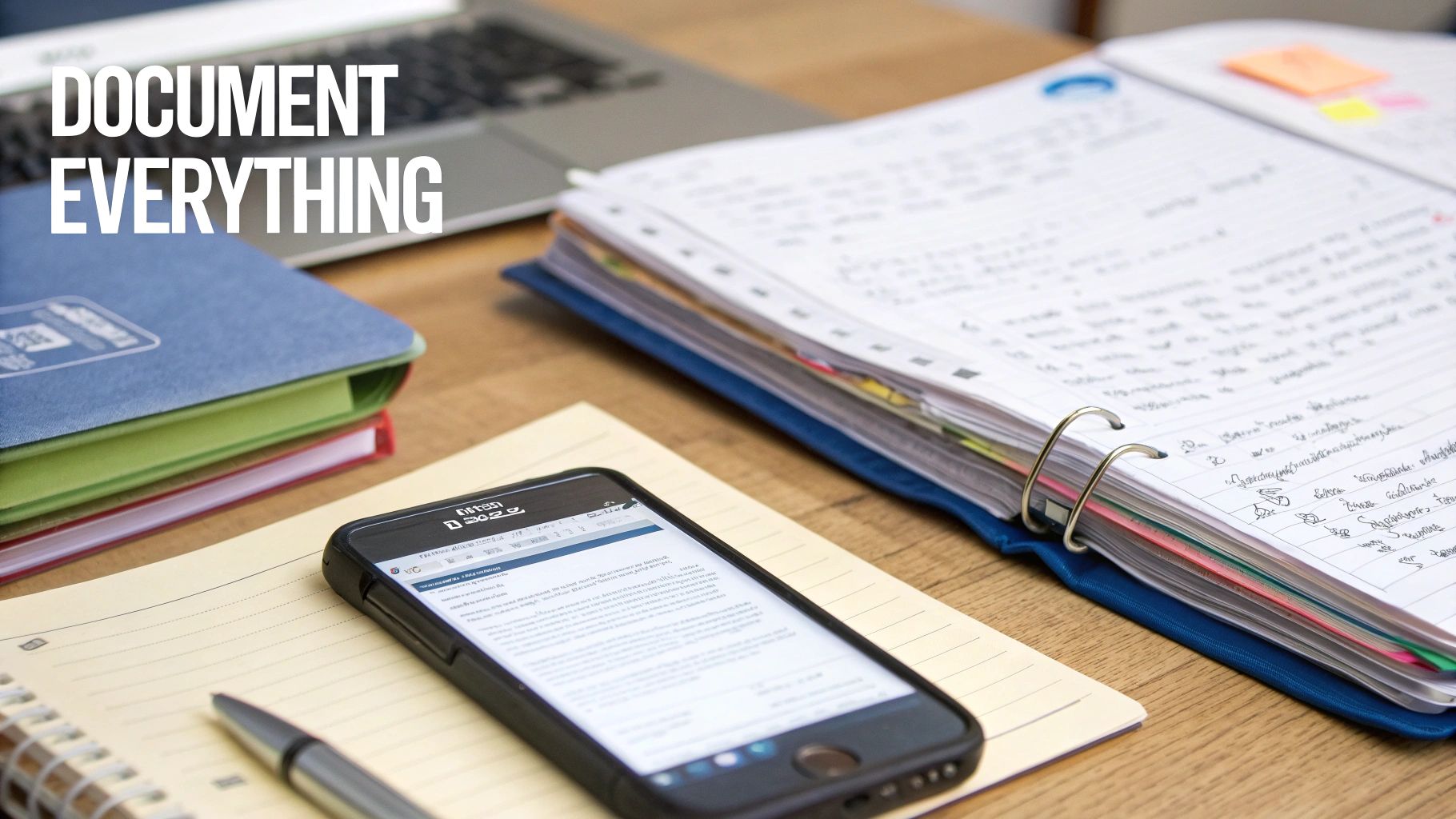A busy desk with notebooks, a smartphone, laptop, and pen, featuring 'DOCUMENT EVERYTHING' overlay text.
