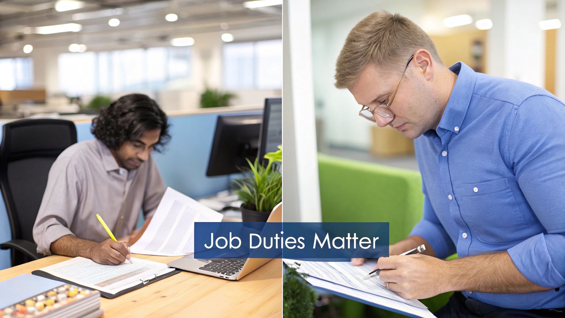 Two professionals meticulously reviewing and documenting paperwork in a modern office environment.
