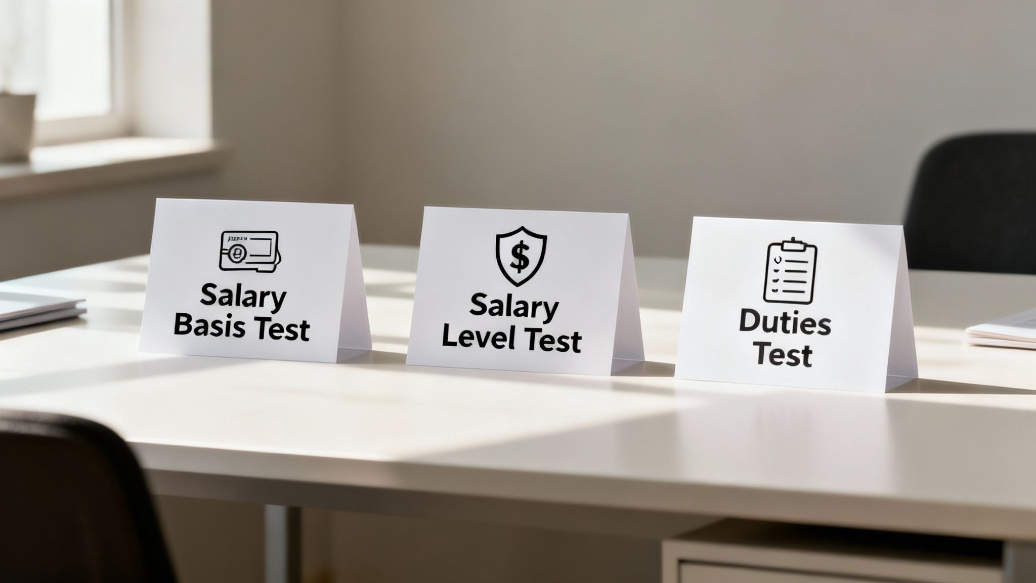 Three cards on a desk detail salary basis, salary level, and duties tests for employment classification.