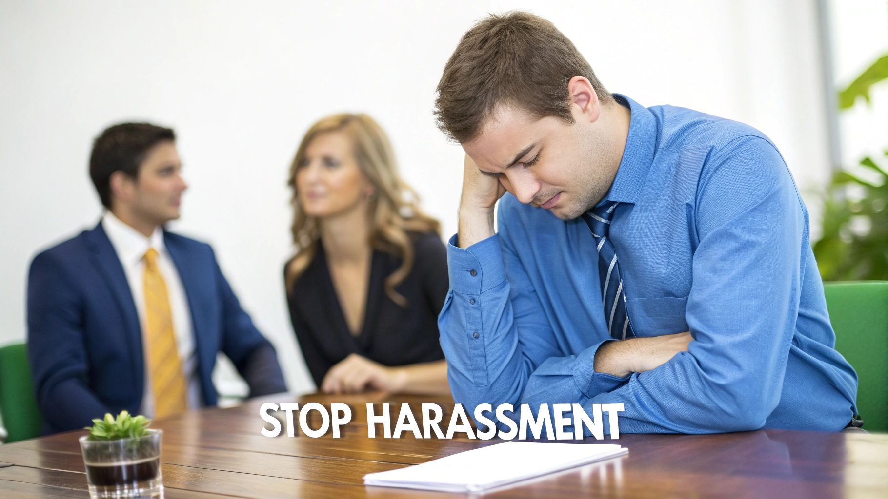 A distressed man with head in hand at a meeting, with text 'STOP HARASSMENT'.