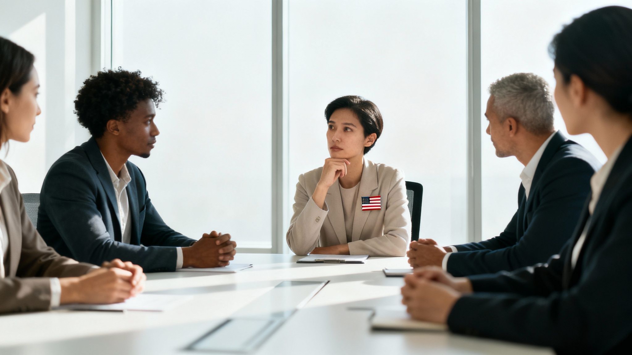 Diverse professionals in a bright conference room, one woman wearing an American flag pin, during a meeting.