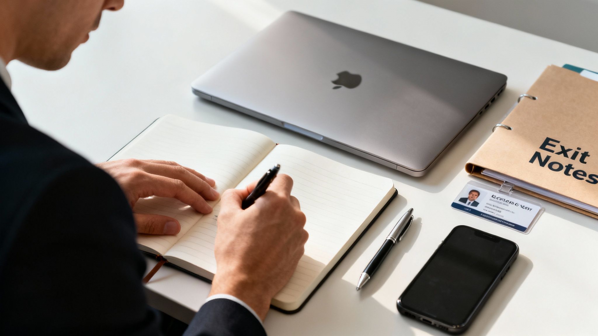 A person in a suit writing notes in a notebook next to a laptop and an 'Exit Notes' binder.