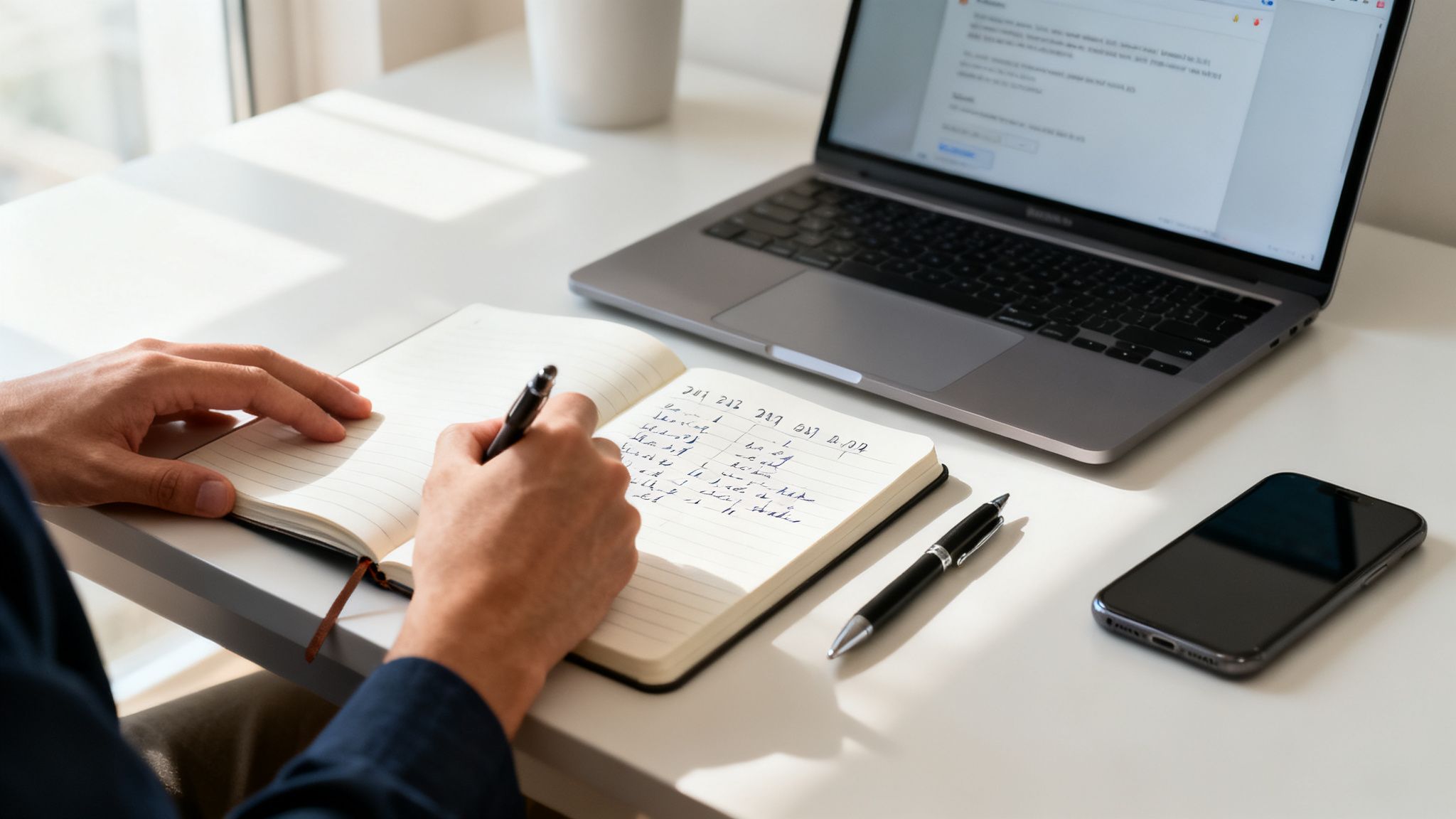 Hands writing in a journal next to a laptop and smartphone on a bright desk.