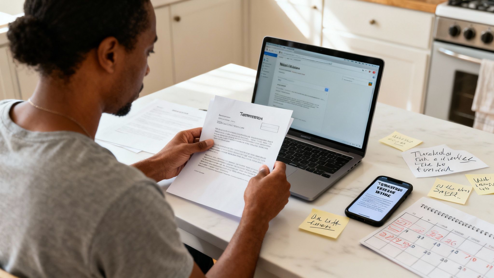 A man reviews a termination document at a table with a laptop, smartphone, and notes.