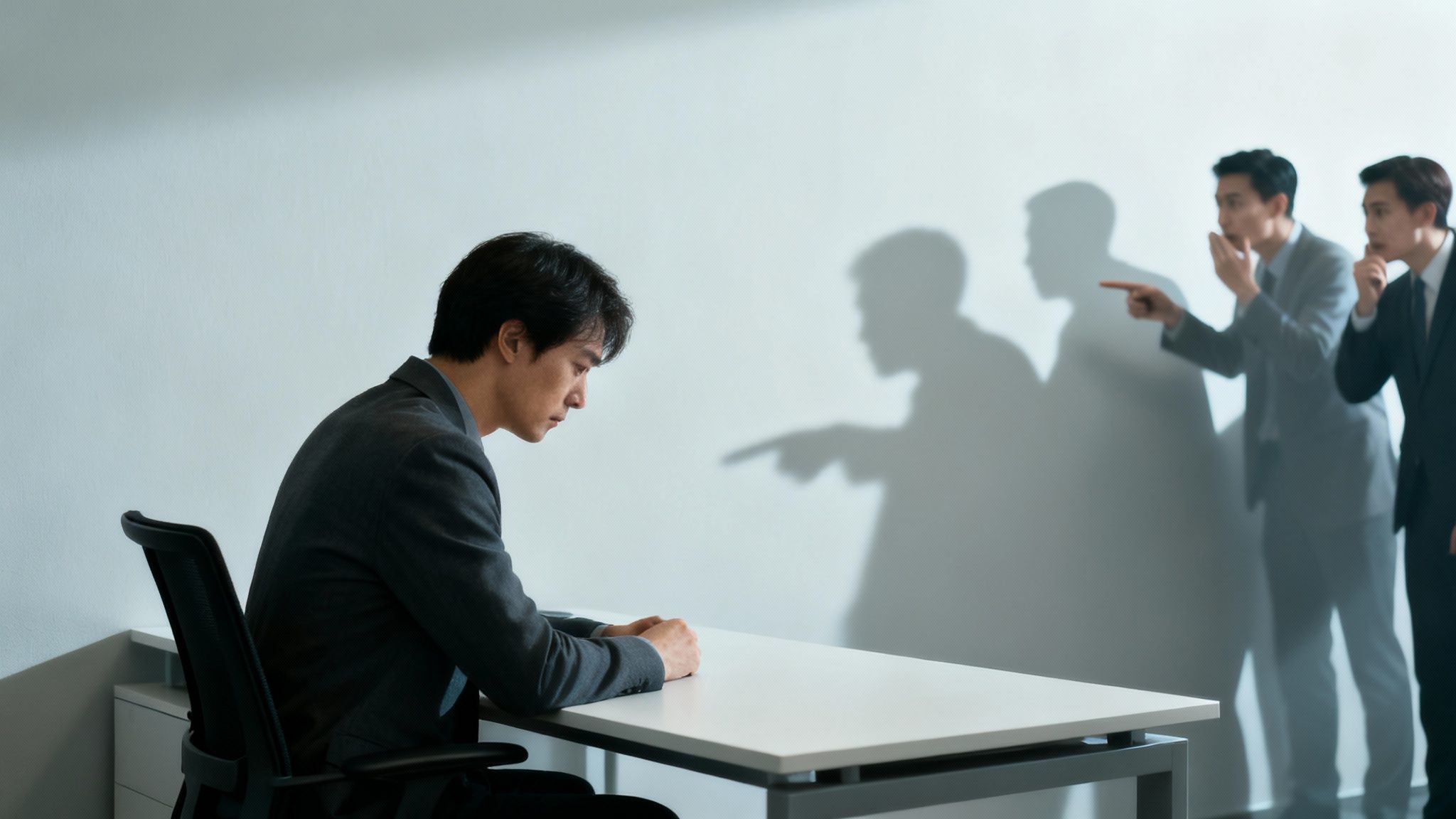 A sad man sits at a desk while shadows of two men point and talk behind him, symbolizing workplace bullying.