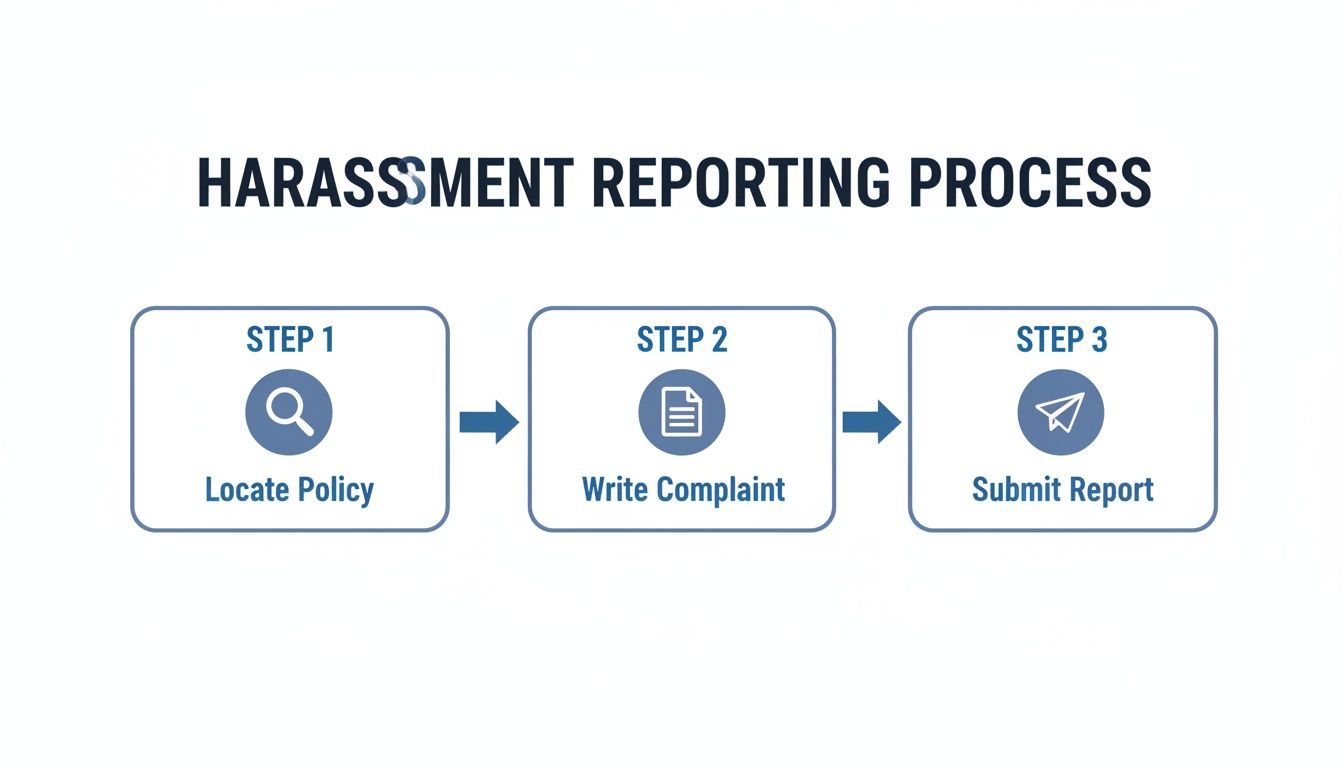 Infographic showing a 3-step harassment reporting process: locate policy, write complaint, submit report.