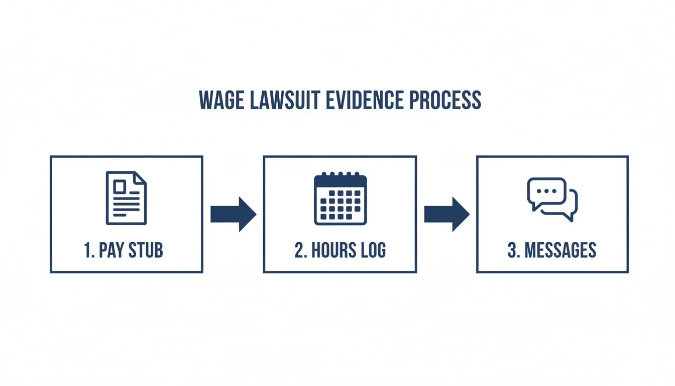 Flowchart illustrating the three-step evidence process for wage lawsuits: pay stub, hours log, and messages.