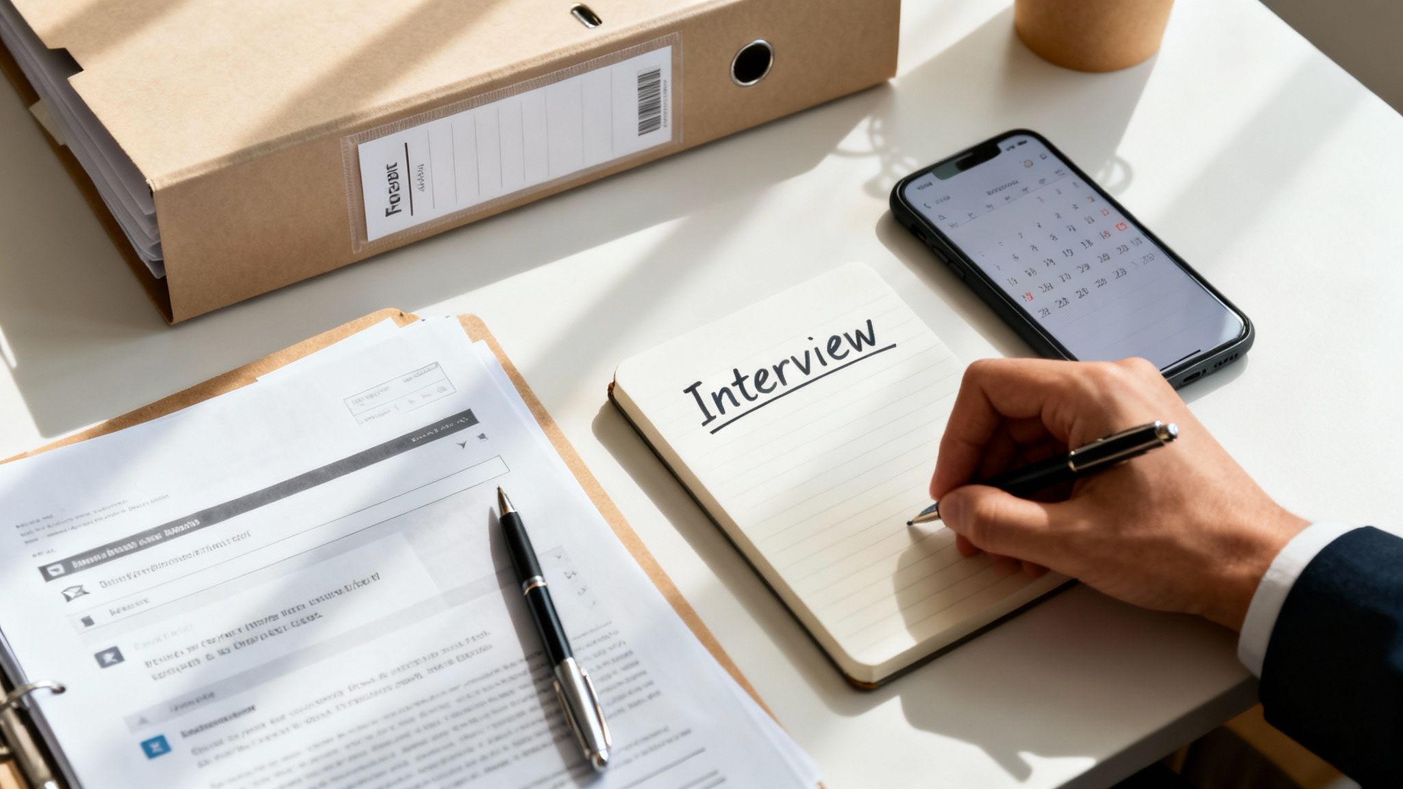 A person's hand writes 'Interview' in a notebook on a white desk with a phone and documents.