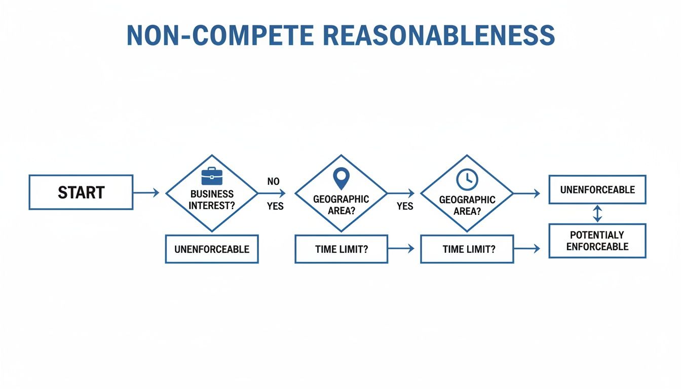 Flowchart illustrating non-compete agreement reasonableness, considering business interest, geographic area, and time limits for enforceability.