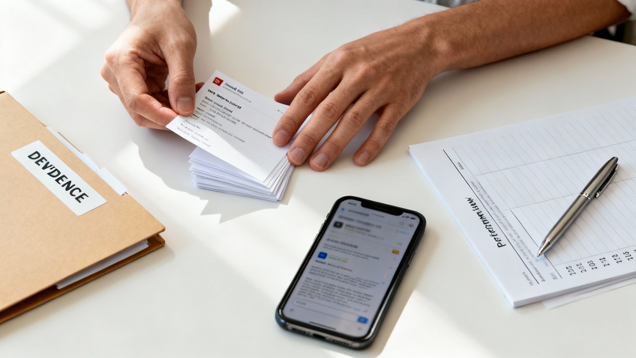 A person's hands organize small cards on a white desk with a folder, smartphone, and notebook.