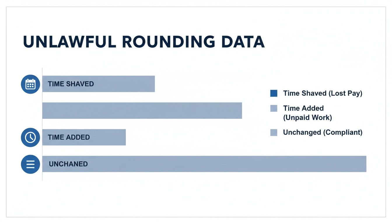 Bar chart illustrating unlawful time rounding data showing categories for lost pay, unpaid work, and compliant unchanged time.