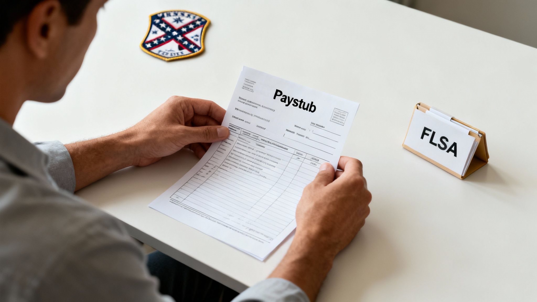 A person reviews a payslip with a desk sign for FLSA and a patch on a white table.