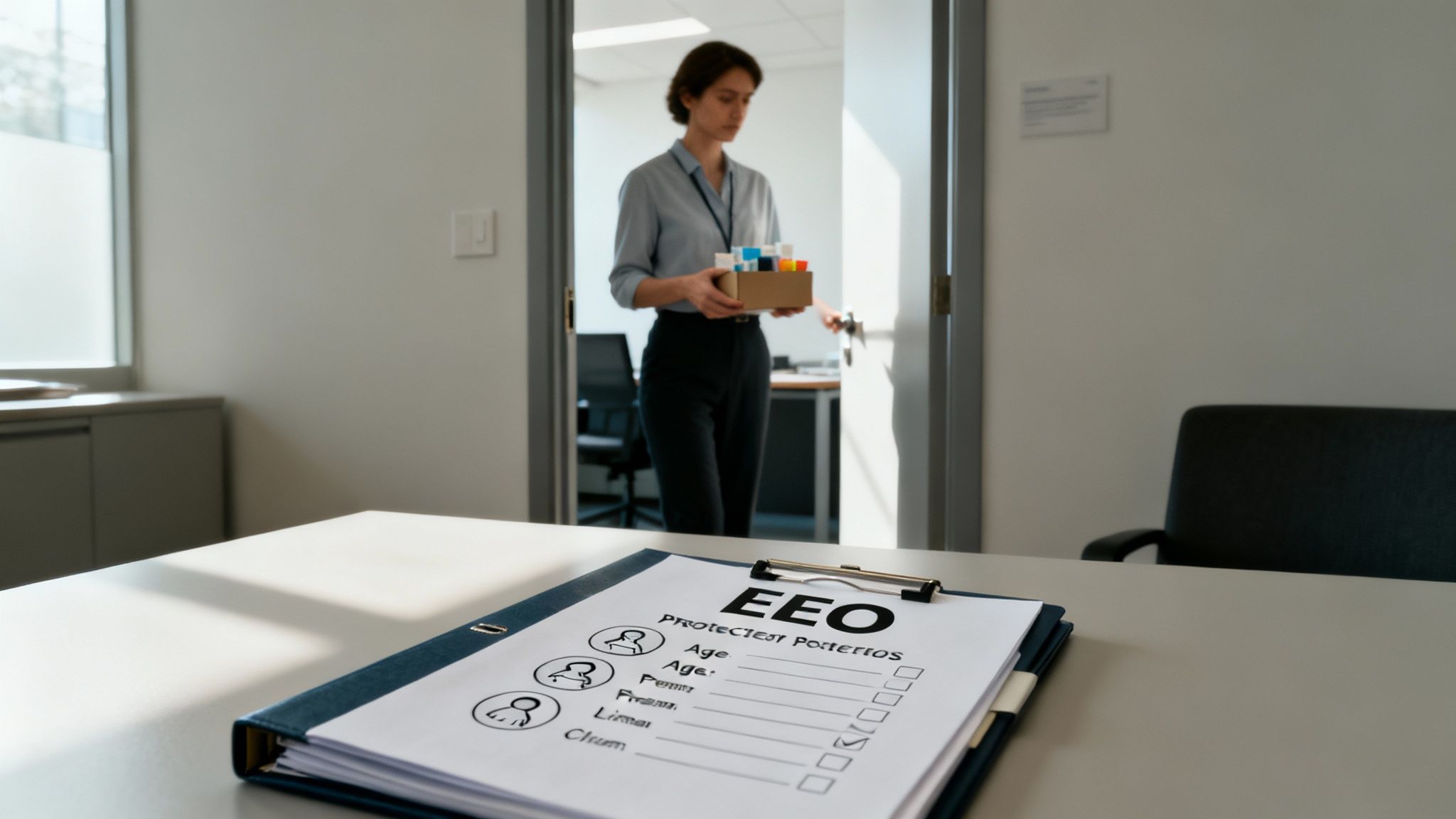 A woman entering an office with a box of belongings, while EEO documents are visible on a desk.
