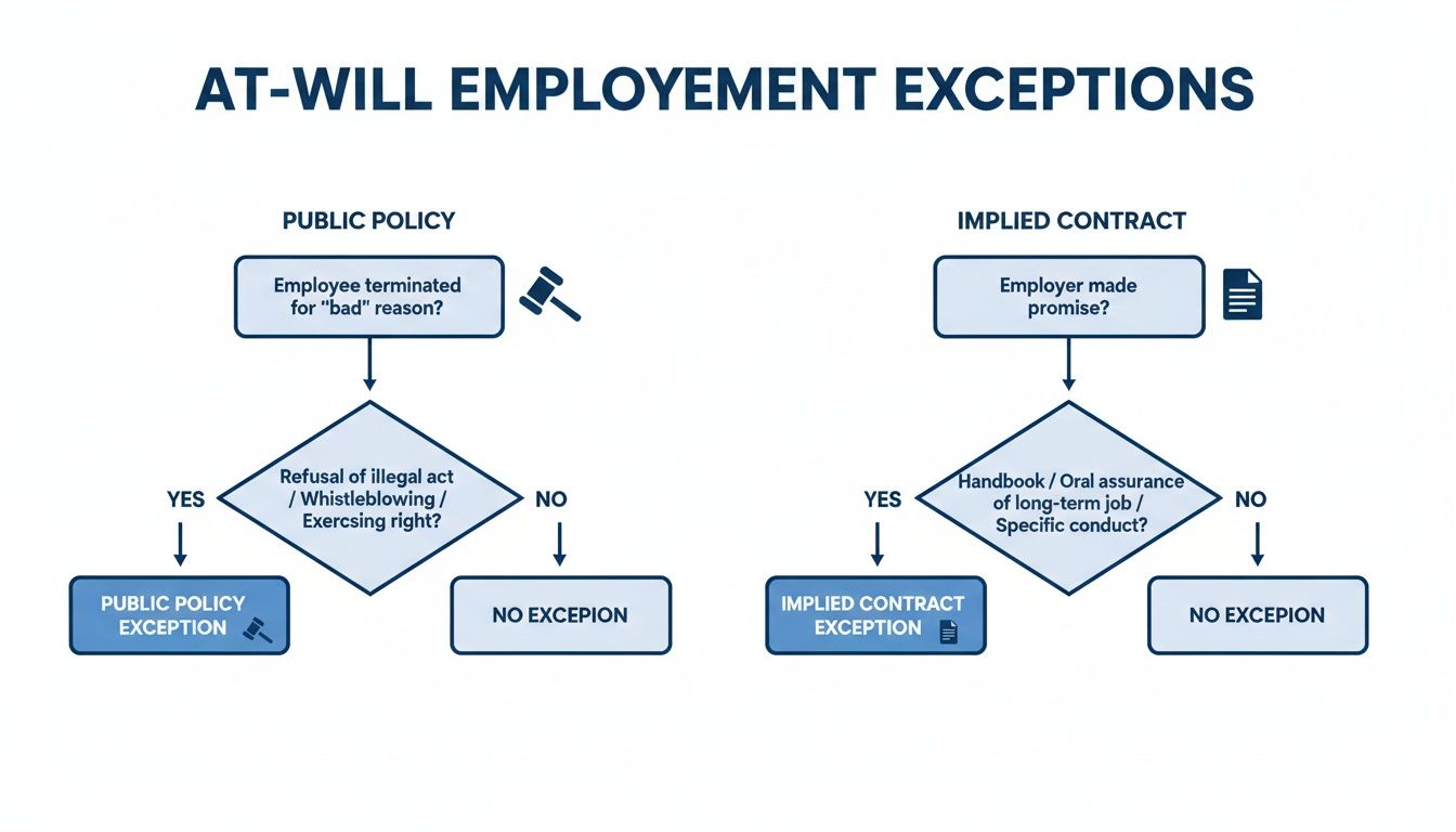 Flowchart illustrating at-will employment exceptions for public policy and implied contracts.
