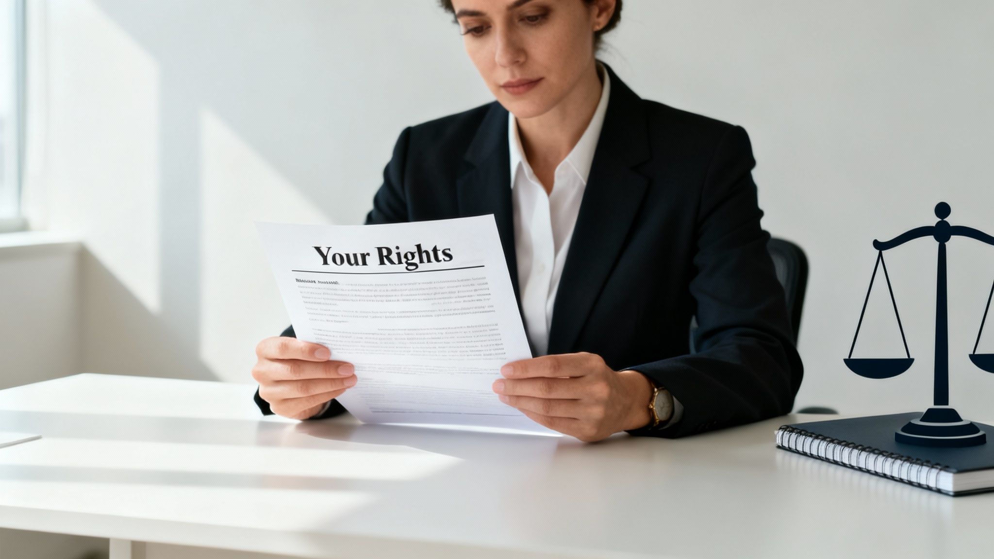 A professional woman reads a "Your Rights" document at a desk with scales of justice.