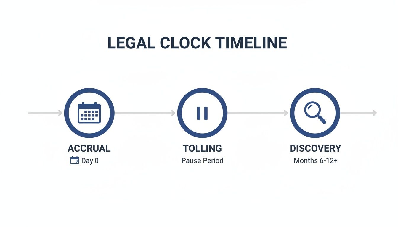 A legal clock timeline illustrating accrual, tolling, and discovery stages of a legal process.