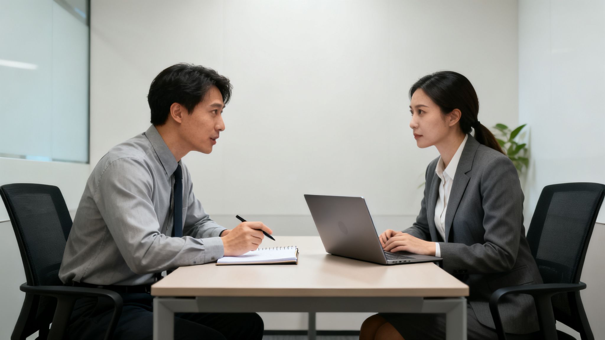 Two professionals, a man and a woman, discussing in an office with a laptop and notebook.