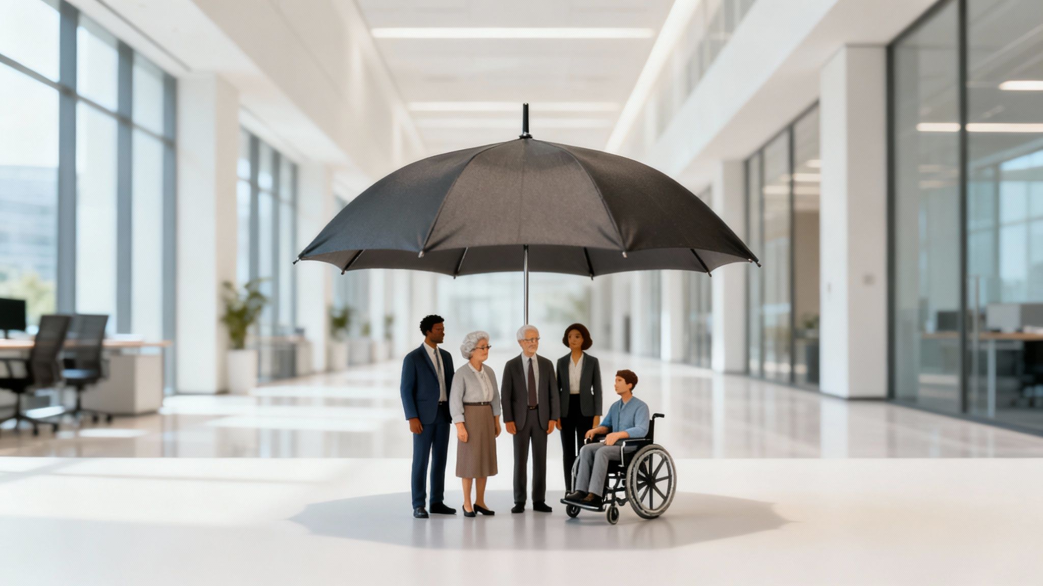 A diverse group of miniature people, including a person in a wheelchair, stand under a large umbrella in a bright office.