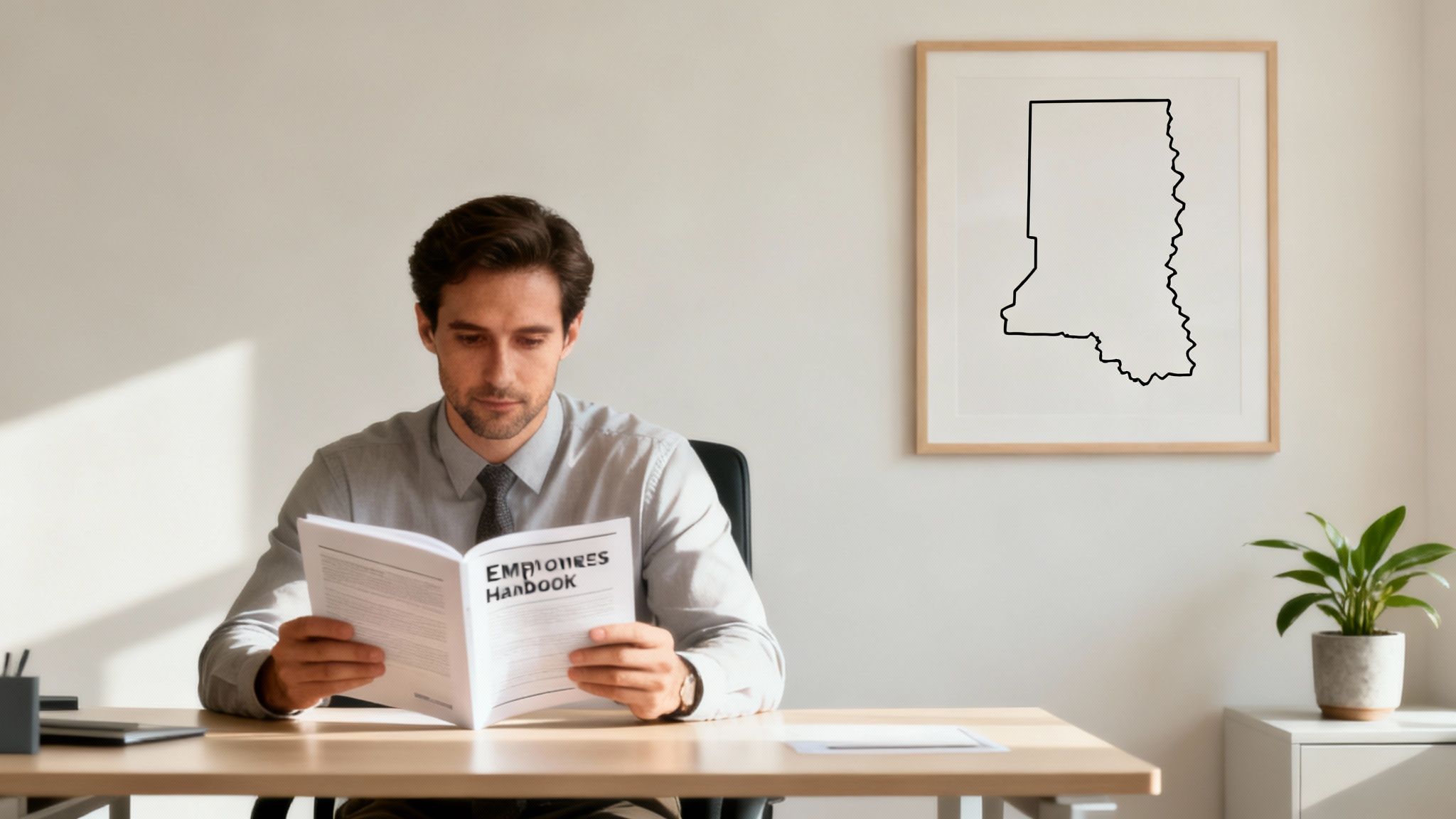 A man in a shirt and tie reads an employee handbook at a desk in an office.