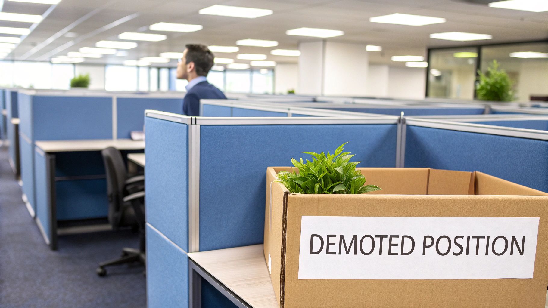 A cardboard box labeled "DEMOTED POSITION" with a plant inside, placed on a desk in an office cubicle.