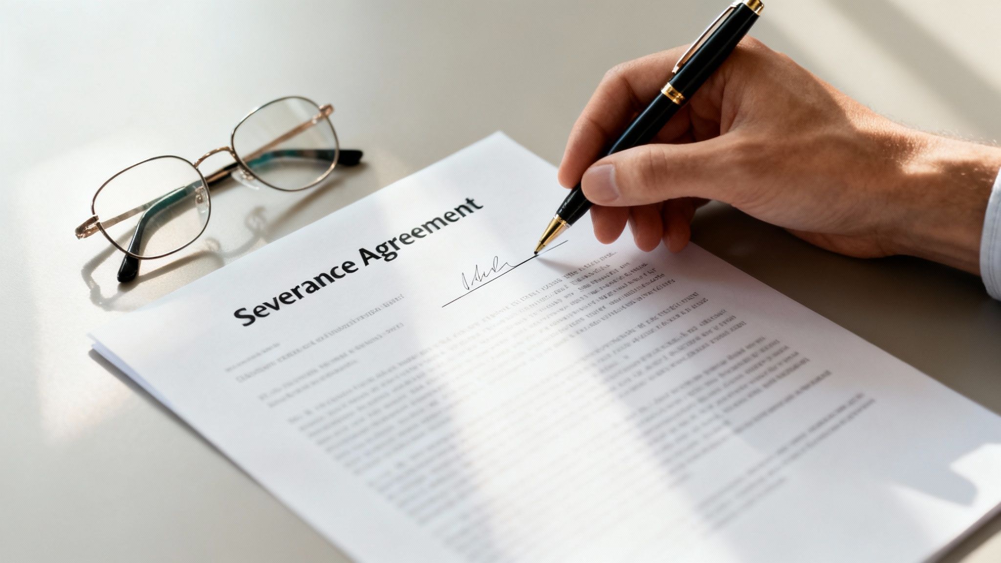 A hand signs a severance agreement document on a white desk, with glasses nearby.