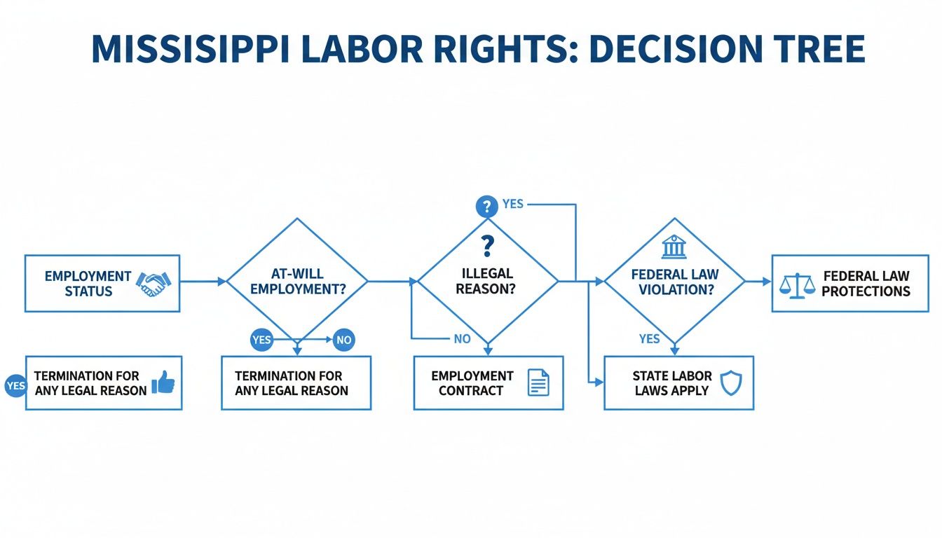 A decision tree illustrating Mississippi labor rights and employment law protections.