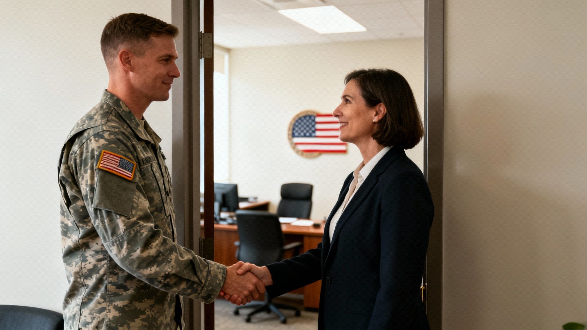 A male soldier in camouflage uniform shakes hands with a smiling female professional in a suit.