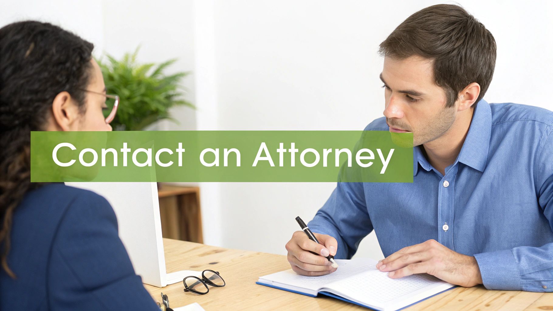 Two people, possibly a client and attorney, discussing legal matters with one taking notes. A banner reads 'Contact an Attorney'.