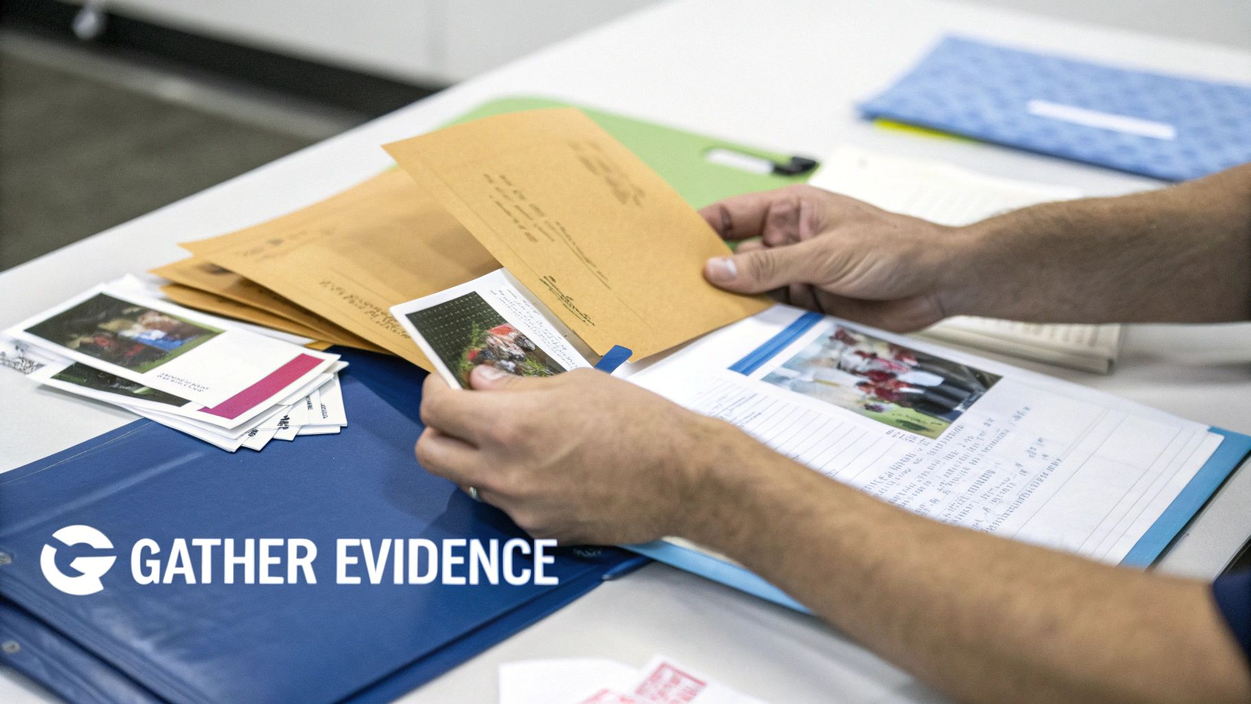 Person's hands sorting photos and documents on a table, next to a folder labeled 'GATHER EVIDENCE'.