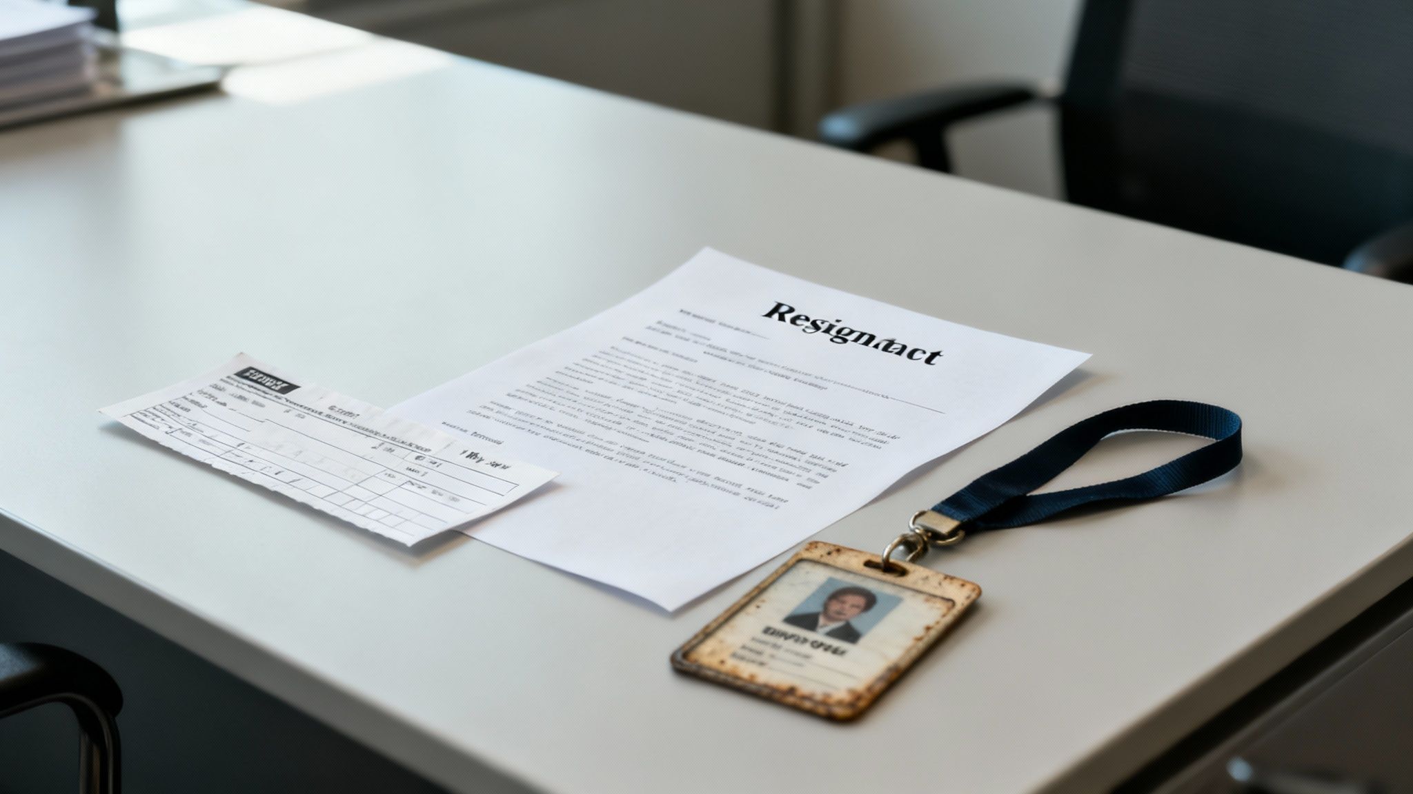 A desk with a resignation document, a small paper slip, and a worn employee ID badge.