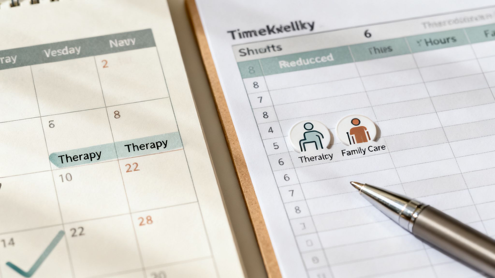 A close-up of a calendar showing therapy appointments and a schedule with family care tracking.